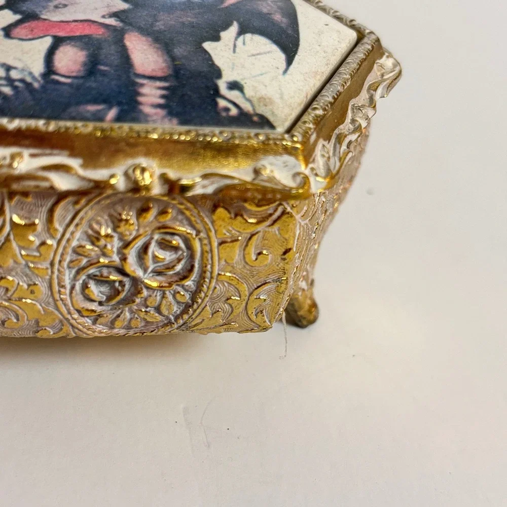 Vintage Miel Sankyo Music Box Gold‎ Filigree Hexagon Kid Umbrella Japan tested